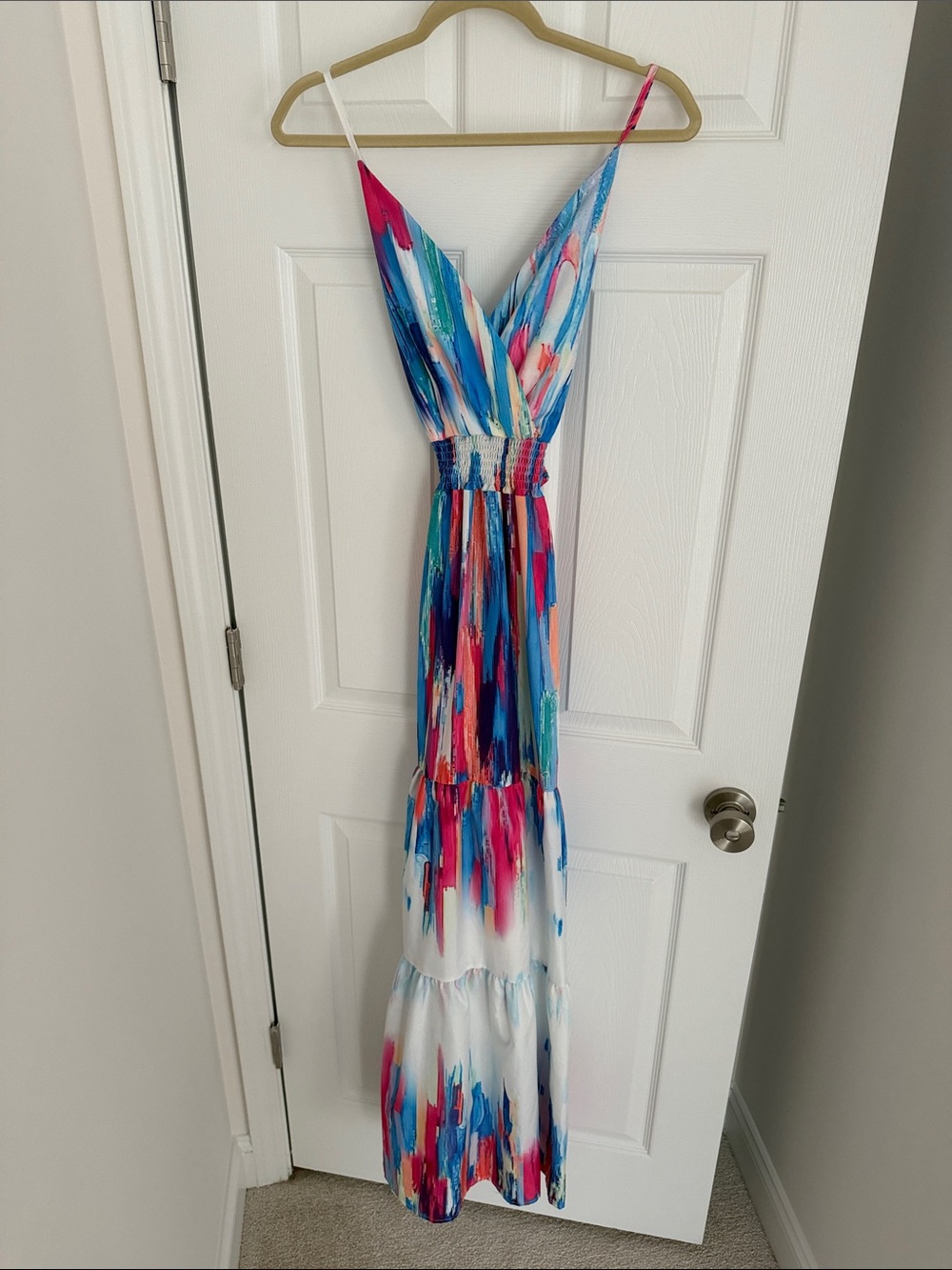 Francesca's Collections Multicolor Brushstroke Maxi Dress - White, Blue, Pink